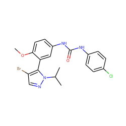 COc1ccc(NC(=O)Nc2ccc(Cl)cc2)cc1-c1c(Br)cnn1C(C)C ZINC000034643242