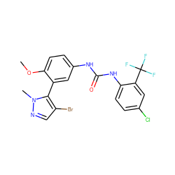 COc1ccc(NC(=O)Nc2ccc(Cl)cc2C(F)(F)F)cc1-c1c(Br)cnn1C ZINC000034444646