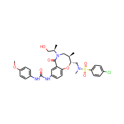 COc1ccc(NC(=O)Nc2ccc3c(c2)C(=O)N([C@H](C)CO)C[C@@H](C)[C@H](CN(C)S(=O)(=O)c2ccc(Cl)cc2)O3)cc1 ZINC000095854345