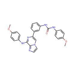 COc1ccc(NC(=O)Nc2cccc(-c3cn4ccnc4c(Nc4ccc(OC)cc4)n3)c2)cc1 ZINC000064548980