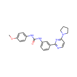 COc1ccc(NC(=O)Nc2cccc(-c3nccc(N4CCCC4)n3)c2)cc1 ZINC001772642010