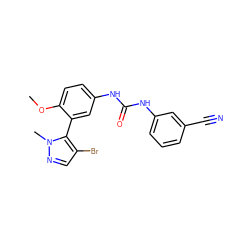 COc1ccc(NC(=O)Nc2cccc(C#N)c2)cc1-c1c(Br)cnn1C ZINC000045391782