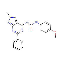 COc1ccc(NC(=O)Nc2nc(-c3ccccc3)nc3nn(C)cc23)cc1 ZINC000049112879