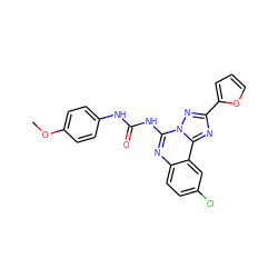 COc1ccc(NC(=O)Nc2nc3ccc(Cl)cc3c3nc(-c4ccco4)nn23)cc1 ZINC000000594327