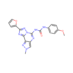 COc1ccc(NC(=O)Nc2nc3cn(C)nc3c3nc(-c4ccco4)nn23)cc1 ZINC000082158086