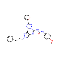 COc1ccc(NC(=O)Nc2nc3cn(CCCc4ccccc4)nc3c3nc(-c4ccco4)nn23)cc1 ZINC000073219418