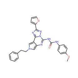 COc1ccc(NC(=O)Nc2nc3cn(CCc4ccccc4)cc3c3nc(-c4ccco4)nn23)cc1 ZINC000073220878