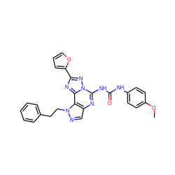 COc1ccc(NC(=O)Nc2nc3cnn(CCc4ccccc4)c3c3nc(-c4ccco4)nn23)cc1 ZINC000082158348