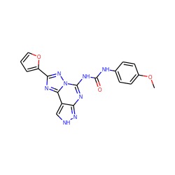 COc1ccc(NC(=O)Nc2nc3n[nH]cc3c3nc(-c4ccco4)nn23)cc1 ZINC000013554867