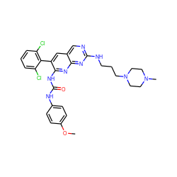 COc1ccc(NC(=O)Nc2nc3nc(NCCCN4CCN(C)CC4)ncc3cc2-c2c(Cl)cccc2Cl)cc1 ZINC000021289421