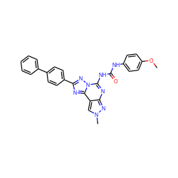 COc1ccc(NC(=O)Nc2nc3nn(C)cc3c3nc(-c4ccc(-c5ccccc5)cc4)nn23)cc1 ZINC000072124799