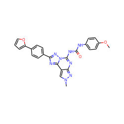 COc1ccc(NC(=O)Nc2nc3nn(C)cc3c3nc(-c4ccc(-c5ccco5)cc4)nn23)cc1 ZINC000072126905