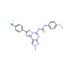 COc1ccc(NC(=O)Nc2nc3nn(C)cc3c3nc(-c4ccc(C(F)(F)F)cc4)nn23)cc1 ZINC000072124493