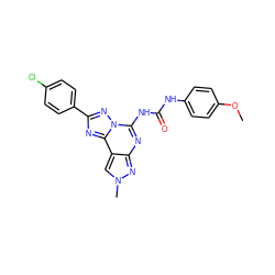 COc1ccc(NC(=O)Nc2nc3nn(C)cc3c3nc(-c4ccc(Cl)cc4)nn23)cc1 ZINC000072126881