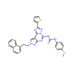 COc1ccc(NC(=O)Nc2nc3nn(CCc4cccc5ccccc45)cc3c3nc(-c4ccco4)nn23)cc1 ZINC000027547336