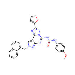 COc1ccc(NC(=O)Nc2nc3nn(Cc4cccc5ccccc45)cc3c3nc(-c4ccco4)nn23)cc1 ZINC000096308853