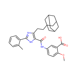 COc1ccc(NC(=O)c2[nH]c(-c3ccccc3C)nc2CCC23CC4CC(CC(C4)C2)C3)cc1C(=O)O ZINC000013674717