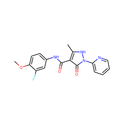 COc1ccc(NC(=O)c2c(C)[nH]n(-c3ccccn3)c2=O)cc1F ZINC000169330563