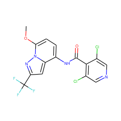 COc1ccc(NC(=O)c2c(Cl)cncc2Cl)c2cc(C(F)(F)F)nn12 ZINC000096933403