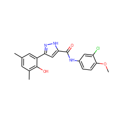 COc1ccc(NC(=O)c2cc(-c3cc(C)cc(C)c3O)n[nH]2)cc1Cl ZINC000013126940