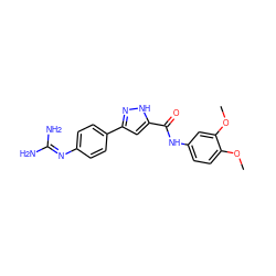 COc1ccc(NC(=O)c2cc(-c3ccc(N=C(N)N)cc3)n[nH]2)cc1OC ZINC000222132008