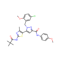 COc1ccc(NC(=O)c2cc(-c3sc(NC(=O)C(C)(C)C)nc3C)n(Cc3cc(Cl)ccc3OC)n2)cc1 ZINC000049802526