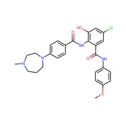 COc1ccc(NC(=O)c2cc(Cl)cc(O)c2NC(=O)c2ccc(N3CCCN(C)CC3)cc2)cc1 ZINC000034314487