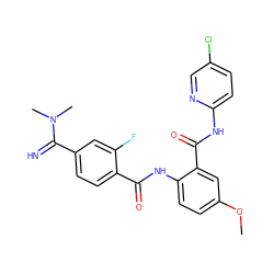 COc1ccc(NC(=O)c2ccc(C(=N)N(C)C)cc2F)c(C(=O)Nc2ccc(Cl)cn2)c1 ZINC000038471950