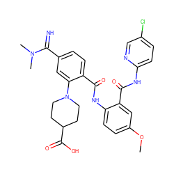 COc1ccc(NC(=O)c2ccc(C(=N)N(C)C)cc2N2CCC(C(=O)O)CC2)c(C(=O)Nc2ccc(Cl)cn2)c1 ZINC000043543972