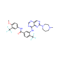 COc1ccc(NC(=O)c2ccc(C(F)(F)F)c(Nc3ncnc4cnc(N5CCCN(C)CC5)nc34)c2)cc1C(F)(F)F ZINC000148076967