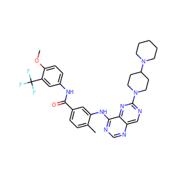 COc1ccc(NC(=O)c2ccc(C)c(Nc3ncnc4cnc(N5CCC(N6CCCCC6)CC5)nc34)c2)cc1C(F)(F)F ZINC000148349498