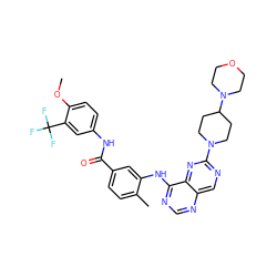 COc1ccc(NC(=O)c2ccc(C)c(Nc3ncnc4cnc(N5CCC(N6CCOCC6)CC5)nc34)c2)cc1C(F)(F)F ZINC000148349961