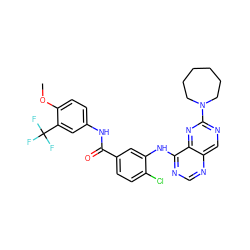 COc1ccc(NC(=O)c2ccc(Cl)c(Nc3ncnc4cnc(N5CCCCCC5)nc34)c2)cc1C(F)(F)F ZINC000148064457