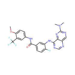 COc1ccc(NC(=O)c2ccc(F)c(Nc3ncnc4cnc(N(C)C)nc34)c2)cc1C(F)(F)F ZINC000148075578