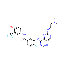 COc1ccc(NC(=O)c2ccc(F)c(Nc3ncnc4cnc(NCCN(C)C)nc34)c2)cc1C(F)(F)F ZINC000148074907