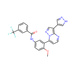 COc1ccc(NC(=O)c2cccc(C(F)(F)F)c2)cc1-c1ccnc2c(-c3cn[nH]c3)cnn12 ZINC000049033091