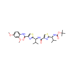 COc1ccc(NC(=O)c2csc([C@@H](NC(=O)c3csc([C@@H](NC(=O)OC(C)(C)C)C(C)C)n3)C(C)C)n2)c(OC)c1 ZINC000169343793