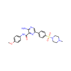 COc1ccc(NC(=O)c2nc(-c3ccc(S(=O)(=O)N4CCN(C)CC4)cc3)cnc2N)cc1 ZINC000095577512