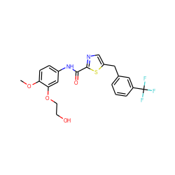 COc1ccc(NC(=O)c2ncc(Cc3cccc(C(F)(F)F)c3)s2)cc1OCCO ZINC000043119770