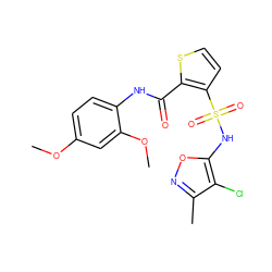 COc1ccc(NC(=O)c2sccc2S(=O)(=O)Nc2onc(C)c2Cl)c(OC)c1 ZINC000013815765