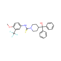 COc1ccc(NC(=S)N2CCC(C(O)(c3ccccc3)c3ccccc3)CC2)cc1C(F)(F)F ZINC000084671169