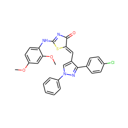 COc1ccc(NC2=NC(=O)/C(=C/c3cn(-c4ccccc4)nc3-c3ccc(Cl)cc3)S2)c(OC)c1 ZINC000096905744