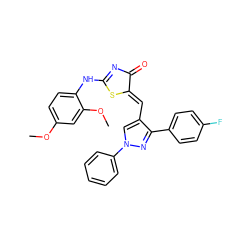 COc1ccc(NC2=NC(=O)/C(=C/c3cn(-c4ccccc4)nc3-c3ccc(F)cc3)S2)c(OC)c1 ZINC000096905746