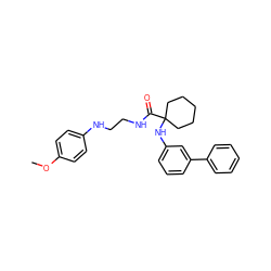 COc1ccc(NCCNC(=O)C2(Nc3cccc(-c4ccccc4)c3)CCCCC2)cc1 ZINC000028571959