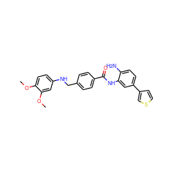 COc1ccc(NCc2ccc(C(=O)Nc3cc(-c4ccsc4)ccc3N)cc2)cc1OC ZINC000014970791