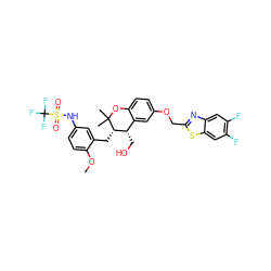 COc1ccc(NS(=O)(=O)C(F)(F)F)cc1C[C@H]1[C@@H](CO)c2cc(OCc3nc4cc(F)c(F)cc4s3)ccc2OC1(C)C ZINC000058655398