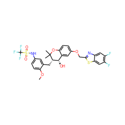 COc1ccc(NS(=O)(=O)C(F)(F)F)cc1C[C@H]1[C@@H](O)c2cc(OCc3nc4cc(F)c(F)cc4s3)ccc2OC1(C)C ZINC000003939353