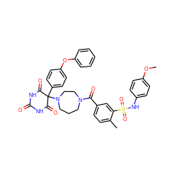 COc1ccc(NS(=O)(=O)c2cc(C(=O)N3CCCN(C4(c5ccc(Oc6ccccc6)cc5)C(=O)NC(=O)NC4=O)CC3)ccc2C)cc1 ZINC000072110444