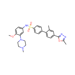 COc1ccc(NS(=O)(=O)c2ccc(-c3ccc(-c4nnc(C)o4)cc3C)cc2)cc1N1CCN(C)CC1 ZINC000027564210