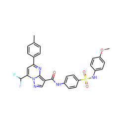 COc1ccc(NS(=O)(=O)c2ccc(NC(=O)c3cnn4c(C(F)F)cc(-c5ccc(C)cc5)nc34)cc2)cc1 ZINC000000649131